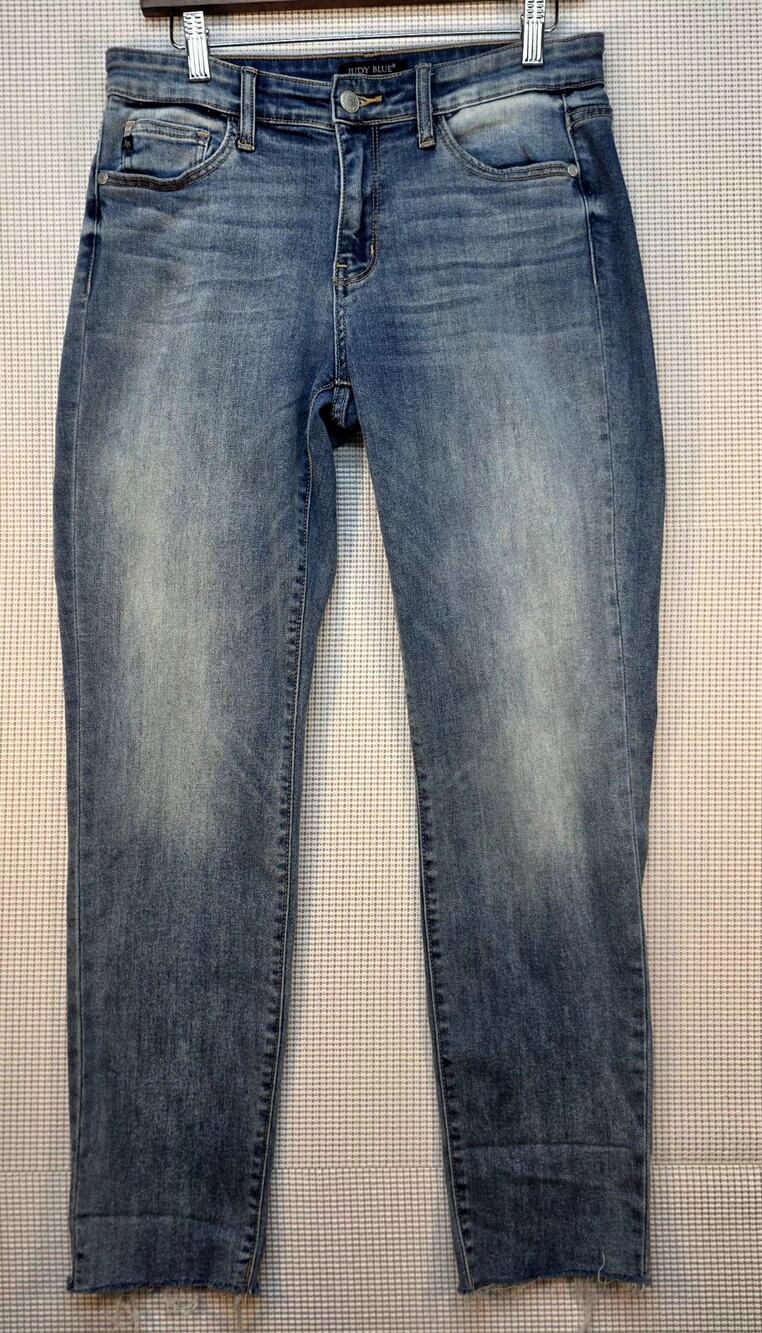 Judy Blue Boyfriend Fit Jeans Women 7/28 Medium Wash Stretch Raw Hem Mid Rise
